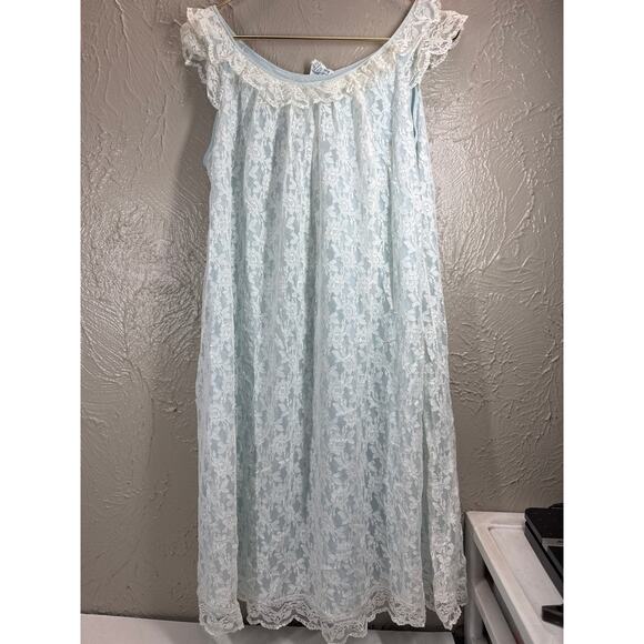 Miss Siren Blue Nylon Ivory Lace Sleeveless Peignoir Nightgown Womens Sz Medium - Picture 1 of 7
